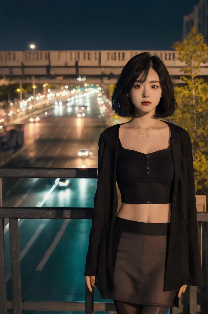 overbridge,1girl,solo,bob cut,black hair,midriff,(night:1.3),looking at viewer,(standing,black_pantyhose:1.3),
(soft lighting, high saturated),vivid illumination,enchanting elegance,atmospheric depth,masterful technique,naturalistic representations,harmonious composition,creative refinement,striking juxtapositions,