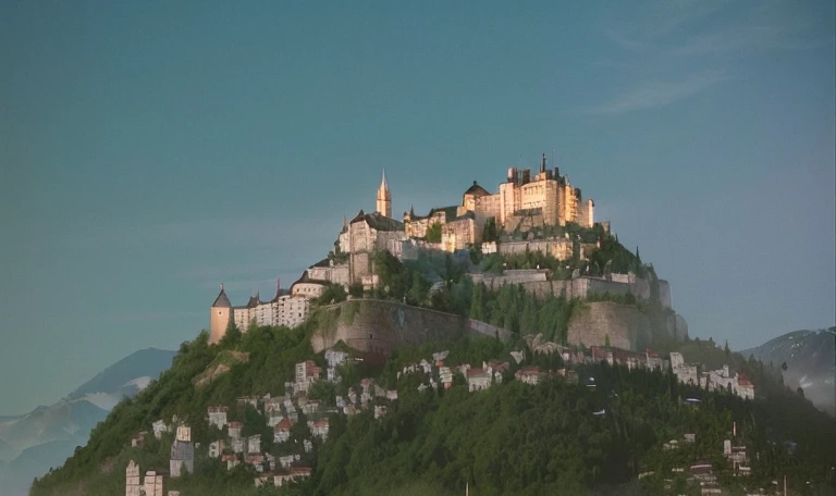 there is a large city on a mountain with a clock tower, city on the mountain, 中世のcity塞, with city in distance, Mountain fortress city, city in background, city, transylvanian city, city on the background, city in distance, dracula's city, ( city in the background ), By Werner Gzeit, the city, city setting