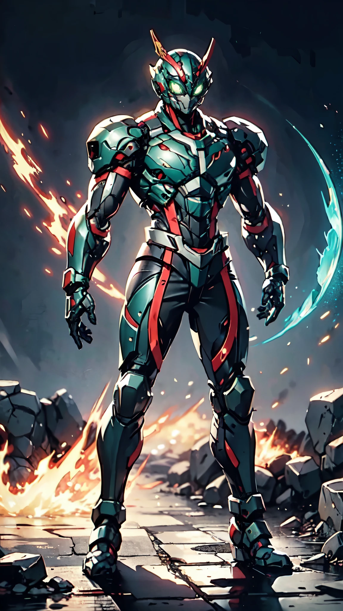 A man wearing a full-face helmet, a fantasy-style biotech armored combat suit, green eyes, (a composite layered chest armor), fully enclosed shoulder guards, matching arm and leg guards, the belt is adorned with dragon claw grasping orbs, (the color scheme is primarily black with red accents), the design balances heavy with agility, a high-tech bio-mecha armor, (Armor Concept Inspired by Dragons, stand on the top of a skyscraper in a futuristic sci-fi city), this character embodies a finely crafted fantasy-surreal style armored hero in anime style, exquisite and mature manga art style, (element, plasma, energy, the armor glows), ((male:1.5)), metallic, real texture material, dramatic, high definition, best quality, highres, ultra-detailed, ultra-fine painting, extremely delicate, professional, perfect body proportions, golden ratio, anatomically correct, symmetrical face, extremely detailed eyes and face, high quality eyes, creativity, RAW photo, UHD, 32k, Natural light, cinematic lighting, masterpiece-anatomy-perfect, masterpiece:1.5