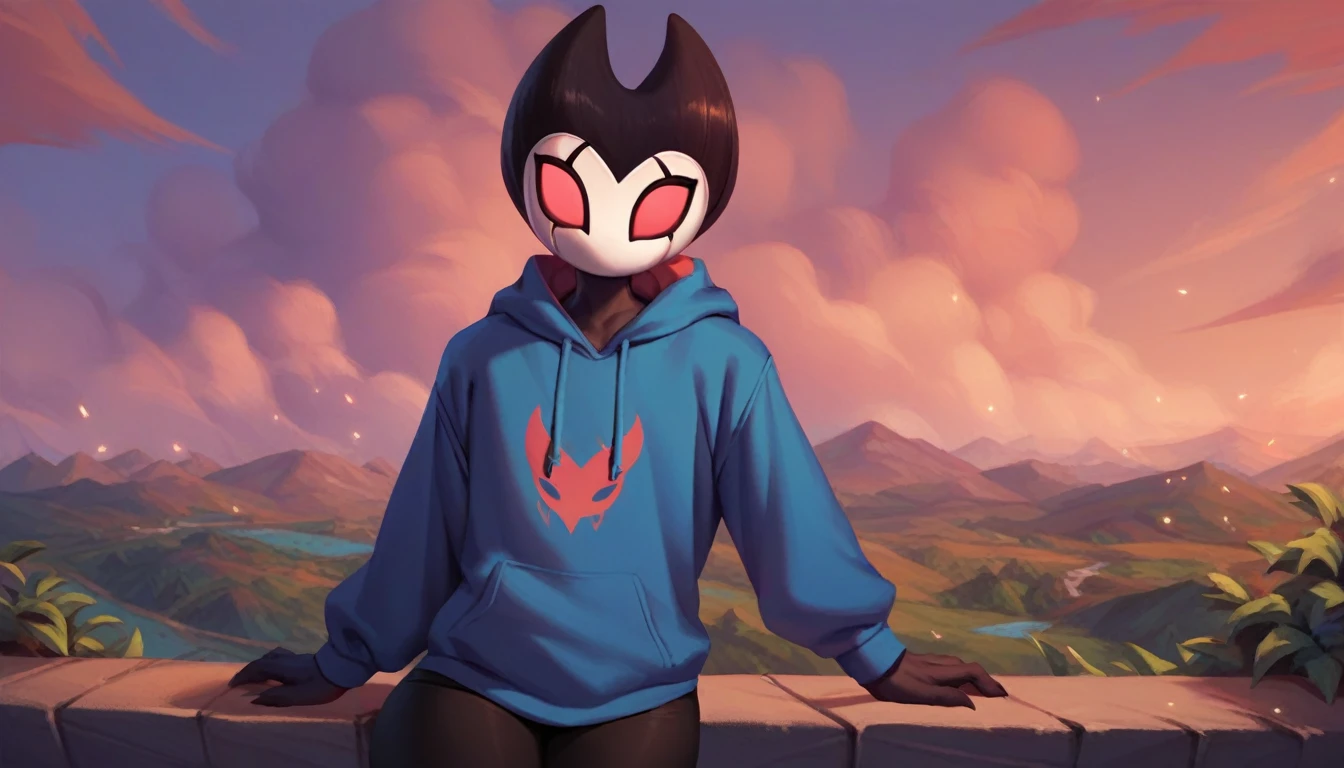 score_9, score_8_up, score_7_up, score_6_up, zPDXL2, grimm \(hollow knight\), vampire, bat, 1boy, solo, cute face, detailed eyes, anthro, landscape, highlight thighs, blue hooded sweatshirt, outdoor, In the woods, looking at the viewer, (black leggings),(portrait:1.2)