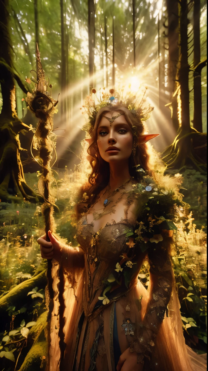 In a dappled, ancient forest ruin, an Elf Princess stands tall close to camera, closeup shot, her scepter raised high as beams of warm sunlight filter through the trees, casting a golden halo around her regal figure. covered in an ultra-multitude of tiny flowers and vines, very tall overgrown varied wildflower beds surround her, Her beautiful, enchanted clothing shimmers in the soft light, while lush foliage and vines surround her, creating a lush environment. The camera captures a sharp focus on the princess's face, with the rule of thirds composition placing her at the intersection of two diagonals. Shot during the golden hour, the scene exudes an ethereal mood, inviting the viewer to step into this mystical realm., ,fantasy, better_hands, leonardo, angelawhite, Enhance