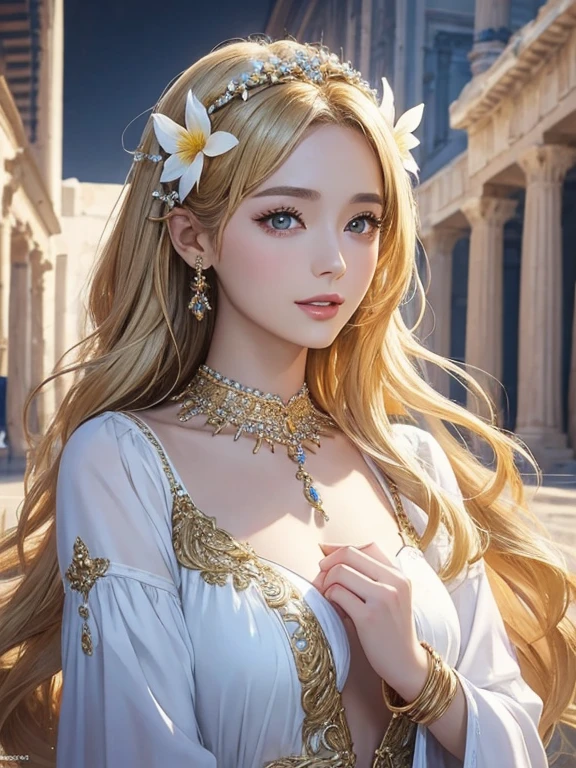 (Highest quality,Super detailed,High resolution,masterpiece,8K),Bright and vibrant colors,Official artwork,Greek white costume,Stylish makeup,Mid-length, shiny blonde hair fluttering in the wind,Captivating eyes,Glossy Lips,Beautiful woman with ample breasts,Beautiful neck line, Holding,Captivating smile,whole body,A solemn atmosphere,Old Temple,flower,pigeon,,Detailed CG,