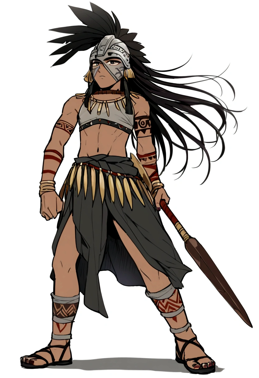 higrres, 4k quality, 1 boy, joung boy, 15 years old, all lefth arm aztec tatto, solo, bare soulders, full body, nails, black eyes, black hair, aztec weapon, leather sandals, long hair, looking at viewe, male focus, tattoo, aztec outfit, aztec, tribal warrior, tribal armor, dark-skin, mask, ((helmet)), standing, war cry, exprexion, jaguar skin, hig resolution kunoichi tsubaki style, white background simple background,