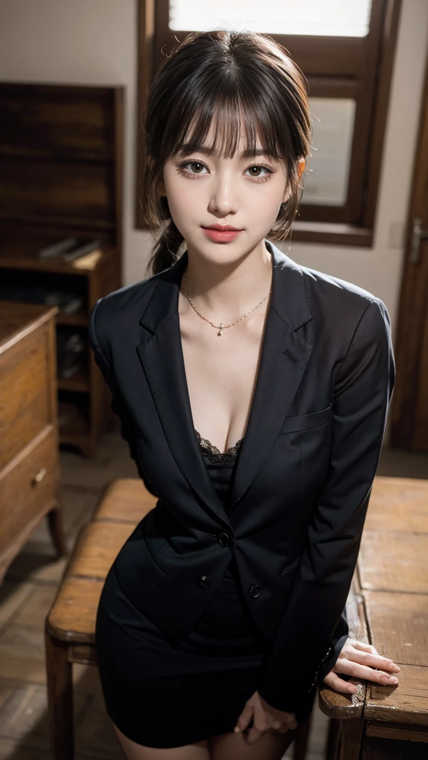 (best quality, masterpiece:1.3), (actual, photo actual:1.3), ultra high resolution, ultra high definition, Extremely detailed CG unified 8k wallpaper, (actual skin, Delicate skin), (perfect anatomy), (official art, Beautiful and beautiful), (generous smile:1.3), (seductive face:1.3), (korean woman:1.3), alone, depth of field, classroom，(big breasts:1.1)，(cowboy shot:1.5), (business suit:1.3), (skirt),(plunging blouse),(necklace), (naturally look at camera:1.3), (blunt bangs:1.5), (stockings),(ponytail hairstyle:1.3)