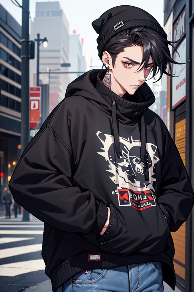 (best quality) (detail), 1 guy, thin, manly, punk, black oversize sweater, baggy jeans, Beanie hat, headphone in neck, dark, piercing, black hair