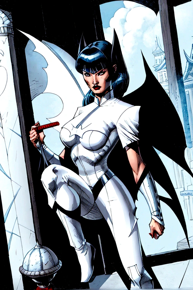 superhero, modern super hero costume, white bat costume, style like a black bat suit and, white suit for girl, ninja, with a Chinese sword, Beautiful Chinese woman, Chinese woman with bangs, courageous character, Kind, Brave, determination, on the battlefield