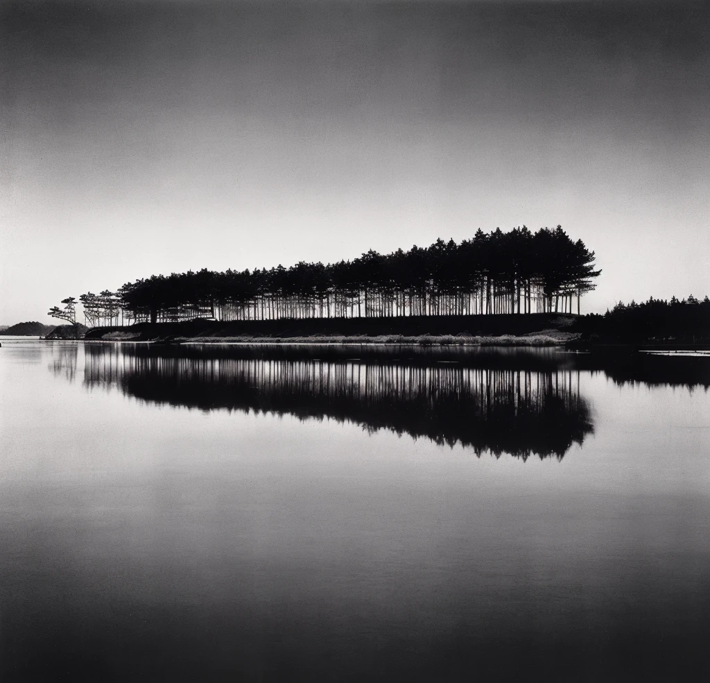 A black and white photo of a lake taken by arafed,Background with trees, author:Shinji Aramaki, author:Honda Koji, Kurumida Masami, author:Gyula Bashi, author:Tadashi Nakayama, Hiroshi Sugimoto, Naoya Tanaka, Samurai Hiroaki, Masashi Walk, author:Tatsuyuki Tanaka