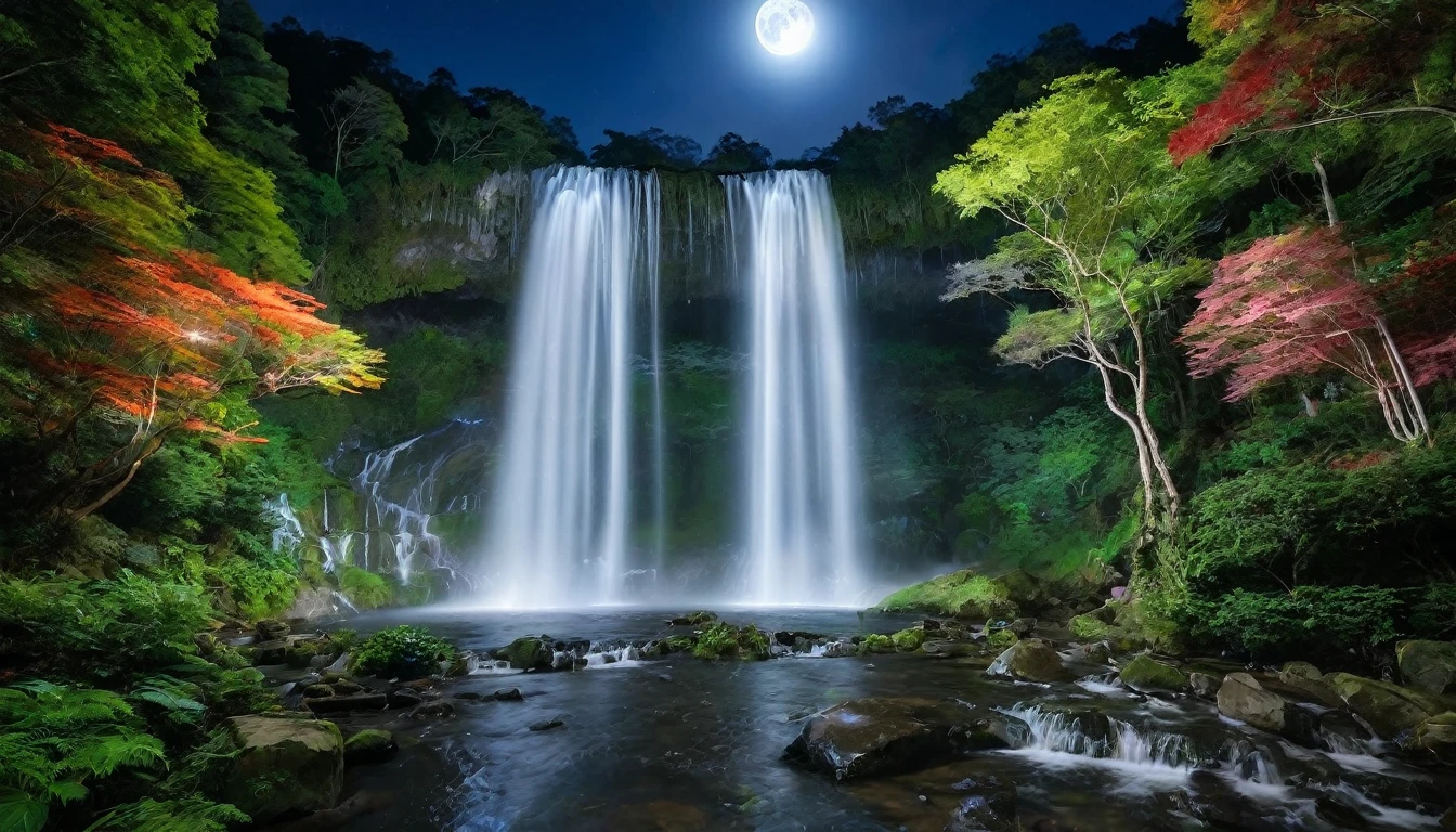 A fantastic night view with the light of the full moon gently illuminating the central waterfall.。The waterfall shines silver、The dark forest that surrounds it is filled with colorful, luminous plants and creatures.。The whole forest shines like magic、It creates a mysterious and fantastical atmosphere.。The waterfall&#39;s spray reflects the light of the full moon.、A beautiful sight, as if the stars were twinkling。Fantasy art that combines nature and magic。
