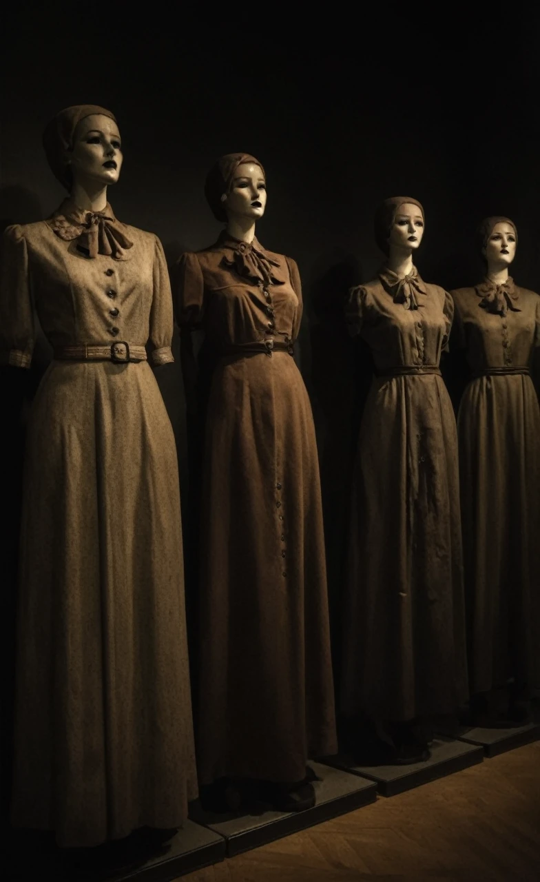 inside a dark museum, dim lighting, five retro female mannequins, eerie, realistic photo