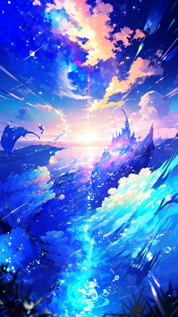 -scenery, 1girl, sky, Star (sky), Highest Resolution、bell、Sunlight from above, Morning, 独奏,Fine starry sky、 Nezuko、city lights, Starry sky, Fine bubbles、night sky, bubble, watercraft, outdoors, short hair, ocean, Big cloud,coloured glaze,