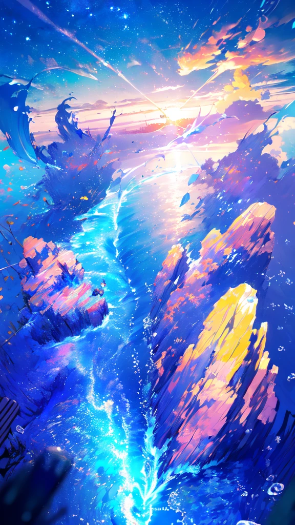 -scenery, 1girl, sky, Star (sky), Highest Resolution、bell、Sunlight from above, Morning, 独奏,Fine starry sky、 Nezuko、city lights, Starry sky, Fine bubbles、night sky, bubble, watercraft, outdoors, short hair, ocean, Big cloud,coloured glaze,