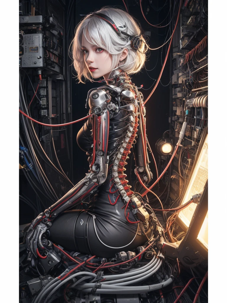 ((((masterpiece))), ((best quality))), ((ultra-detailed)), (CG illustration), ((an extremely delicate and beautiful)),(from side),cinematic light, ((1 mechanical girl)), single, full-body, (machine-made joint: 1.2), ( (mechanical limbs)), (blood vessels connected to tubes), (mechanical spine connected to back), ((mechanical cervical vertebrae attached to neck)), (sitting), forced laughter, (wires and cables around the neck: 1.2), (wires and cables on the head: 1.2) (character focus), sci-fi, extremely thin, colored, the finest white hair, red eyes, in battle, (knotted), (killing), (1 immortal)