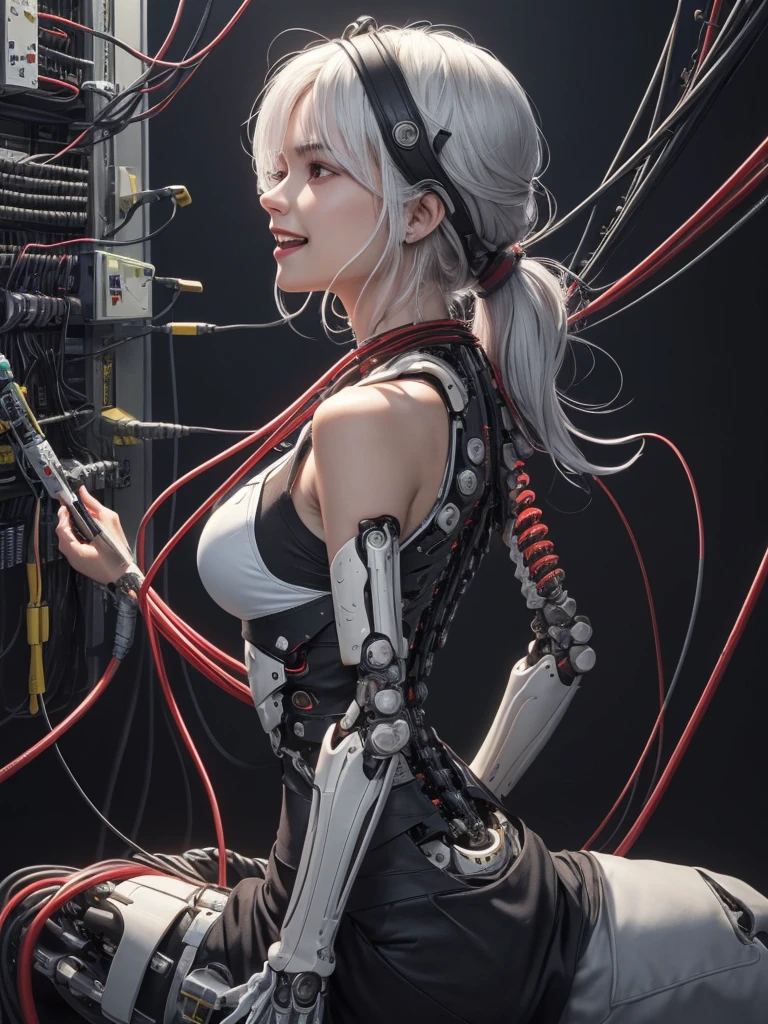 ((((masterpiece))), ((best quality))), ((ultra-detailed)), (CG illustration), ((an extremely delicate and beautiful)),(from side),cinematic light, ((1 mechanical girl)), single, full-body, (machine-made joint: 1.2), ( (mechanical limbs)), (blood vessels connected to tubes), (mechanical spine connected to back), ((mechanical cervical vertebrae attached to neck)), (sitting), forced laughter, (wires and cables around the neck: 1.2), (wires and cables on the head: 1.2) (character focus), sci-fi, extremely thin, colored, the finest white hair, red eyes, in battle, (knotted), (killing), (1 immortal)