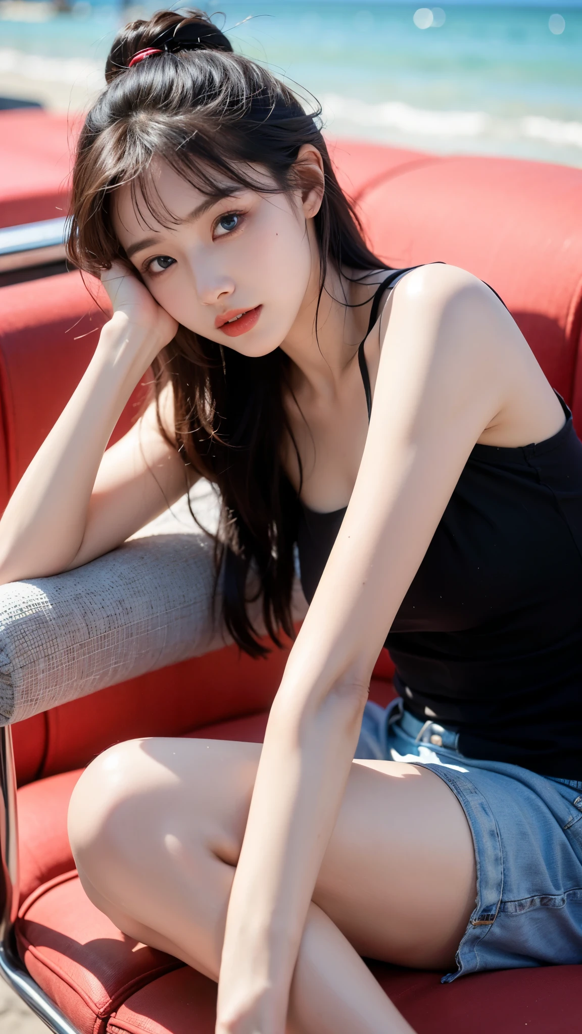((high quality,masterpiece,4K,8K)),a cute girl, vogue shoot, model shoot, blue eyes, Black hair, rose color cheek, thin lips, sunny beach, colorful summer outfits
