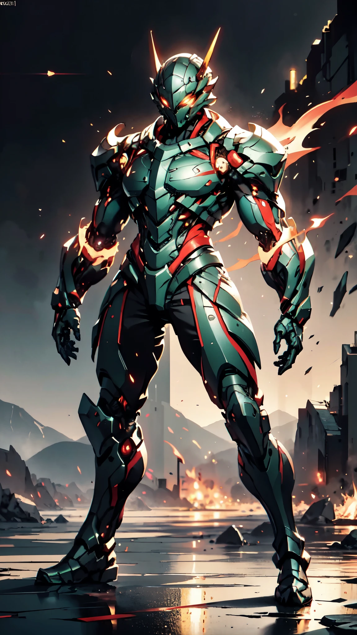 A man wearing a full-face helmet, a fantasy-style biotech armored combat suit, green eyes, (a composite layered chest armor), fully enclosed shoulder guards, matching arm and leg guards, the belt is adorned with dragon claw grasping orbs, (the color scheme is primarily black with red accents), the design balances heavy with agility, a high-tech bio-mecha armor, (Armor Concept Inspired by Dragons, stand on the top of a skyscraper in a futuristic sci-fi city), this character embodies a finely crafted fantasy-surreal style armored hero in anime style, exquisite and mature manga art style, (element, plasma, energy, the armor glows), ((male:1.5)), metallic, real texture material, dramatic, high definition, best quality, highres, ultra-detailed, ultra-fine painting, extremely delicate, professional, perfect body proportions, golden ratio, anatomically correct, symmetrical face, extremely detailed eyes and face, high quality eyes, creativity, RAW photo, UHD, 32k, Natural light, cinematic lighting, masterpiece-anatomy-perfect, masterpiece:1.5