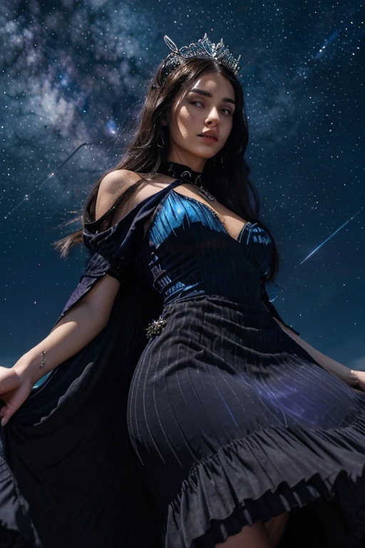 a woman with dark hair arranged in a high hairstyle, with huge, reaching ends to the ground, dark purple wings like a swallowtail butterfly, in a long translucent dark purple dress, a silver tiara on her head, comes out of a vertical wide ring of blue-blue flame, around a black rocky desert and black rocks, darkthe blue starry sky. full face