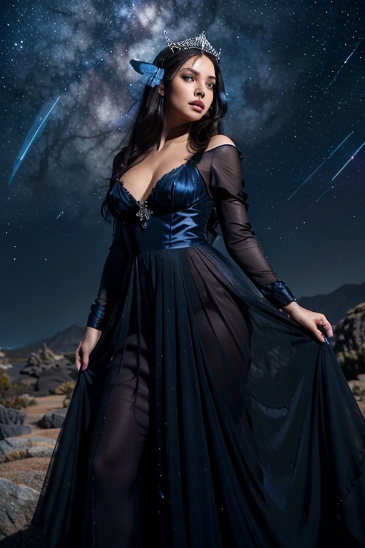 a woman with dark hair arranged in a high hairstyle, with huge, reaching ends to the ground, dark purple wings like a swallowtail butterfly, in a long translucent dark purple dress, a silver tiara on her head, comes out of a vertical wide ring of blue-blue flame, around a black rocky desert and black rocks, darkthe blue starry sky. full face