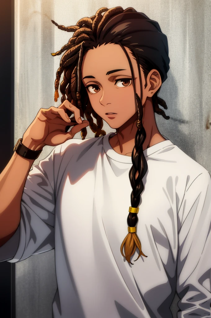 1boy, solo, blunt in hand, hawaiin shirt, brown skin color, stubble, black hair, ((dreadlock hairstyle)), brown eyes, masterpiece, best quality, high quality, upper body, male focus,