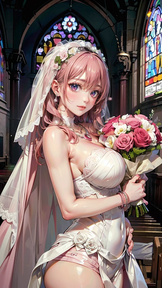 (Masterpiece, BestQuality:1.3), (ultra detailed:1.2), (hyperrealistic:1.3), (RAW photo:1.2), High detail RAW color photo, professional photograph, (Photorealistic:1.4), (realistic:1.4), professional lighting, perfect anatomy, (Big Breasts:1.2), (blush, detailed face), (cheerful Smile:1.5), (Pink Hair:1.5), Trending Hair&Trending Hairカラーをランダムに, earrings, necklace, bracelet, sexly, erotic sexly, Random sexy gravure poses, ((Woman in a bride、The background is a church、A happy smile、Long Wave、Posing with a bouquet: 1.3)