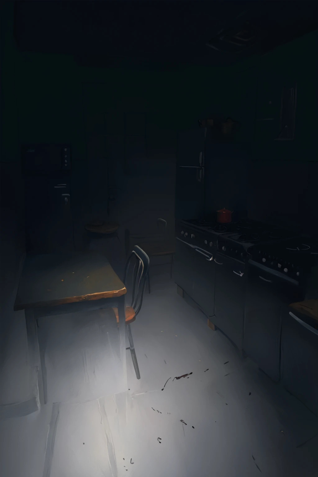 painting of a interior of a USSR kitchen, in the foreground there is a bedside table, a door open into the room, a chair, a table, an electric stove, painting by Ilya Repin, Stefan Koidl, Piotr Jabłoński, Betty Jiang, BASTIEN LECOUFFE DEHARME, Igor Krstic, smooth painting, Stefan Koidl, Igor Krstic and Ilya Repin, Stefan Koidl details, night, horror atmosphere, dynamic rhythm and movement in figure painting and composition, world building, novosibirsk, russsia, USSR, Soviet kitchen, smooth painting, (Amazing Artwork:1.1), Phenomenal Aesthetics, Gorgeous graphics (masterpiece, best quality:1.3) ), (artstation:1.3), (hdr:1.4), (dark shot:0.8), Cinematic, Detailed, Perfect Composition, Masterpiece, trending on artstation, behance contest winner, trending on ArtStation, hdr, masterpiece, best quality, 8k