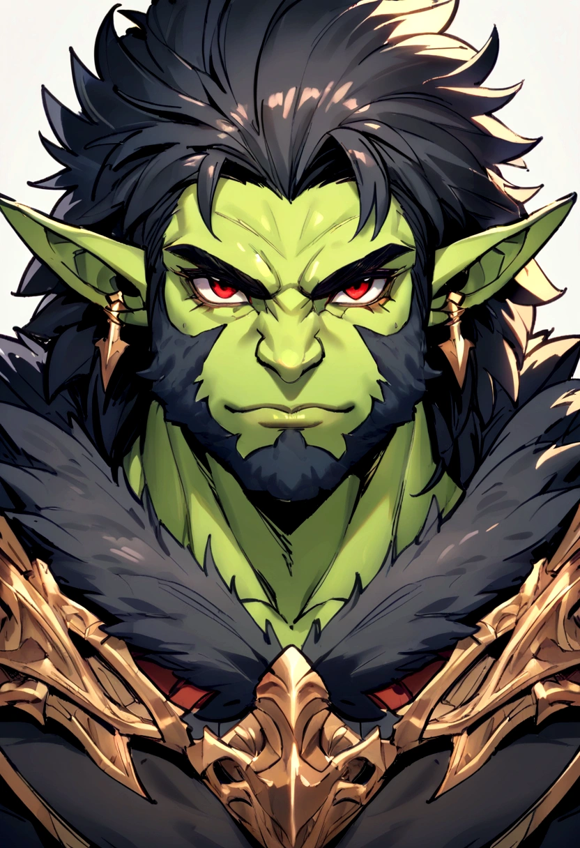 half orc, green skin, male, Close up portrait, fantasy look, role-playing character, medieval fantasy, black fur, Red eyes, 1.90 height, muscular