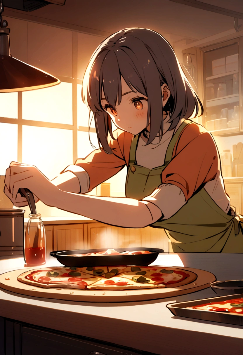 masterpiece, best quality, very aesthetic, absurdres, newest, 1girl, asymmetrical bangs, tareme, blush, drunk, indoors, kitchen, brown hair, shirt, long sleeves, holding, ponytail, apron, bottle, knife, cooking