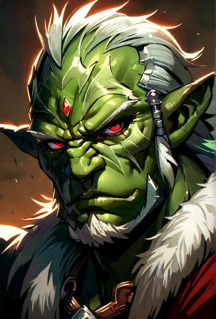 half orc, green skin, male, Close up portrait, fantasy look, role-playing character, medieval fantasy, by white, Red eyes, 1.90 height, muscular
