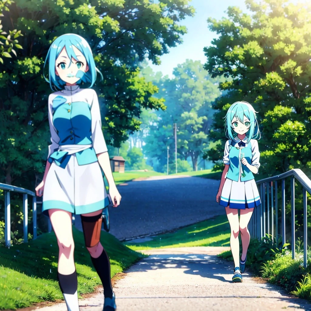 An anime girl with sky blue hair and soapy green eyes wearing a  walking and smiling[3a43477a48]