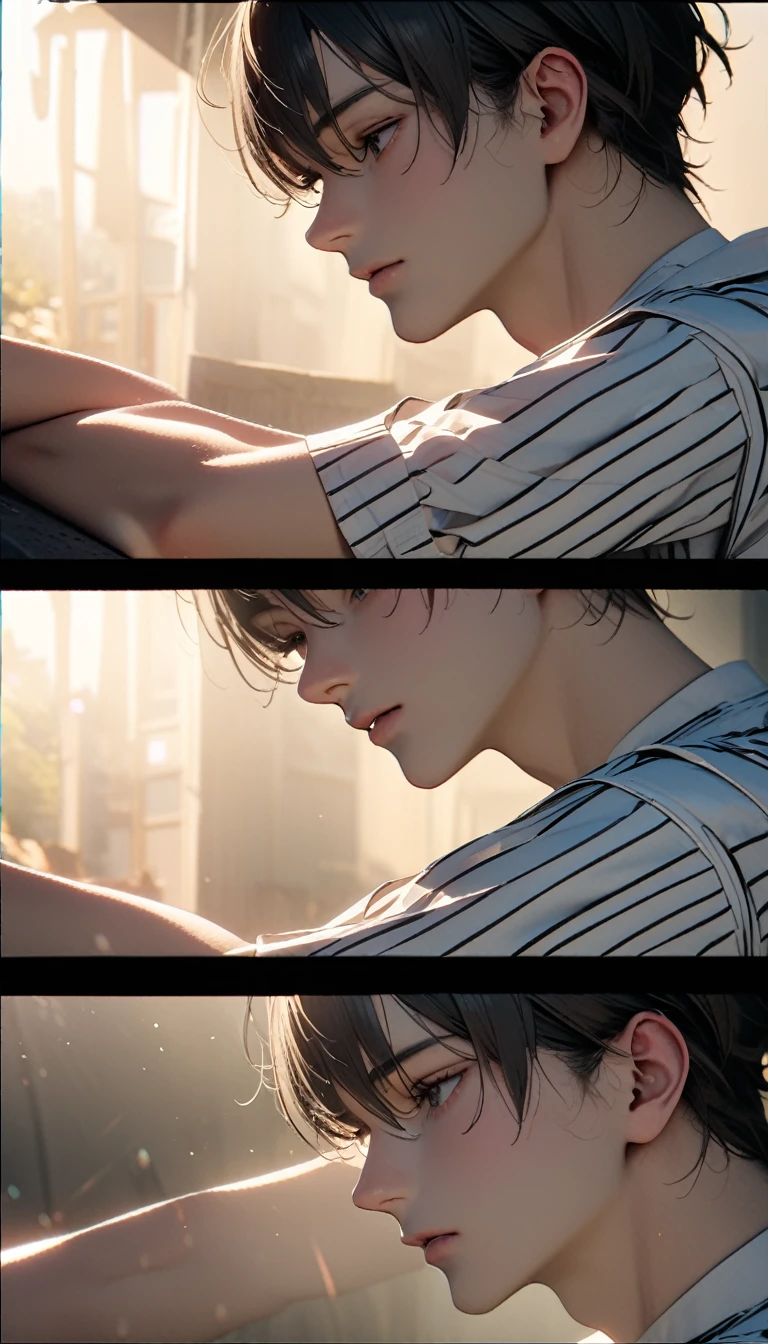 (8K, RAW photos, best quality, masterpiece: 1.4), (((Boy looking at his arm)))，Ultra-high resolution, Extremely detailed, light, Upper body close-up, handsome boy, black eyes, (delicate eyes, Eyes are bright:1.2), Gray short hair, Fair skin,dark, Black and white striped prison uniform,Black and white striped prison pants,(perfect anatomy:1.2), High-quality shadows, Natural Lighting, (White highlights:1.2), night, cloudy day, (Dark room:1.2), (White lines on arms:1.2)