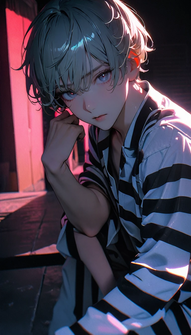 (8K, RAW photos, best quality, masterpiece: 1.4), (((Boy looking at his arm))),Ultra-high resolution, Extremely detailed, light, Upper body close-up, handsome boy, black eyes, (delicate eyes, Eyes are bright:1.2), Gray short hair, Fair skin,dark, Black and white striped prison uniform,Black and white striped prison pants,(perfect anatomy:1.2), High-quality shadows, Natural Lighting, (White highlights:1.2), night, cloudy day, (Dark room:1.2), (White lines on arms:1.2)