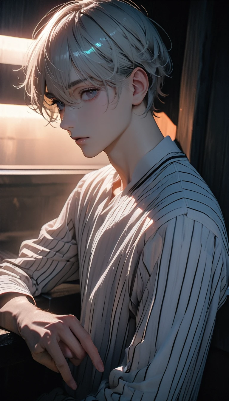 (8K, RAW photos, best quality, masterpiece: 1.4), (((Boy looking at his arm)))，Ultra-high resolution, Extremely detailed, light, Upper body close-up, handsome boy, black eyes, (delicate eyes, Eyes are bright:1.2), Gray short hair, Fair skin,dark, Black and white striped prison uniform,Black and white striped prison pants,(perfect anatomy:1.2), High-quality shadows, Natural Lighting, (White highlights:1.2), night, cloudy day, (Dark room:1.2), (White lines on arms:1.2)