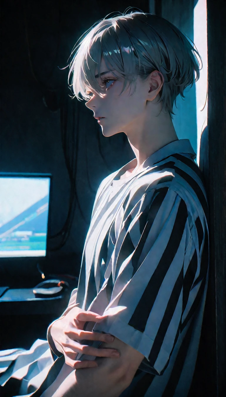 (8K, RAW photos, best quality, masterpiece: 1.4), (((Boy looking at his arm)))，Ultra-high resolution, Extremely detailed, light, Upper body close-up, handsome boy, black eyes, (delicate eyes, Eyes are bright:1.2), Gray short hair, Fair skin,dark, Black and white striped prison uniform,Black and white striped prison pants,(perfect anatomy:1.2), High-quality shadows, Natural Lighting, (White highlights:1.2), night, cloudy day, (Dark room:1.2), (White lines on arms:1.2)