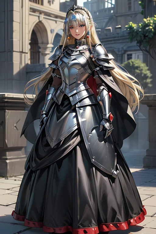 #Basics A girl is posing for a photo, animeのかわいい***, (((One Girl, Baby Face, Young girl, ************))), 
break 

#Clothing Accessories 
((Silver and Black)Quinceañera(Long skirt dress)Armor of:1.6) + (Red gems embedded in(Silver and Black)breastplate:1.6), (Black Gauntlet:1.6), (Red cape with shoulder pads:1.6), (Silver and Black)Combat Boots:1.4,   
((Luxury Silver Bracelets, large silver necklace, Silver Tiara)), 
break 

#Features 
(((Blonde:1.6)), Bangs that expose the forehead:1.4, (Long back hair : Curly Hair + Full and voluminous back hair)), 
(Droopy eyes,blue eyes), (Small breasts), 
break 

#Performance 
(smile), 
#background environment 
((noon, sunlight + Castles in a fantasy world:1.4)), 
#composition 
((head shot:1.4)), 
break 

#Body parts elements 
(Detailed Hair, Beautiful Hair, Shiny Hair), 
(double eyelid, Long eyelashes), 
(細かい目のPerformance, Beautiful and delicate eyes, Sparkling eyes, Eye Reflexes), 
(Human Ear), 
(Beautiful Nose, Thin Nose), 
(Glossy Lips, Beautiful Lips, Thick lips), (Symmetrical facial features), 
(Detailed skin, Textured skin, Beautiful Skin), 
break 

#quality 
(((最高quality)), ((masterpiece)), ((Very detailed))), ((High resolution), (16K,1080P)), 
(Realistic), (Anatomically correct), 
((comics, anime)), (3DCG), CG illustration,
