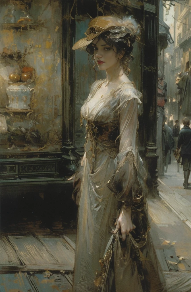 Beautiful woman standing on a street corner, Female Solo, Sharp contours, melancholy, nostalgia, recall, Eyes without pupils, color eye, Ideal Anima, In search of lost time, Marcel Proust, sentimental, Esbian all over, The ambiguous boundary between past and present, Remember, Outdoor, Paris in the first half of the 20th century, Montmartre, mysterious, 街角のカフェで with influence of Jeremy Mann, Jeremy Mann, style of Jeremy Mann, Jeremy Mann painting, Jeremy Mann art, Ron Hicks, Liepke, Jeremy Mann and alphonse mucha, Works that influenced Edmund Blampidt, Robert Lenkiewicz, Casey Bo and James Jean, Works that influenced Willem Kalf, Nick Alm, Digital art by Ludwik Konarzewski, Featured on cgsociety, Gothic art, photography of albert watson, albert watson, Paolo Roversi, Natalie Shaw Tom Bagshaw, Vrop and Andrey Ryabovitchev, steven meisel, tumbler, Figurative art, ,Beautiful and expressive digital art, Beautiful artwork illustration, wonderful, Cool Beauty, Highest quality, Official Art, Perfect composition,The perfect angle, Best Shot, Female Solo