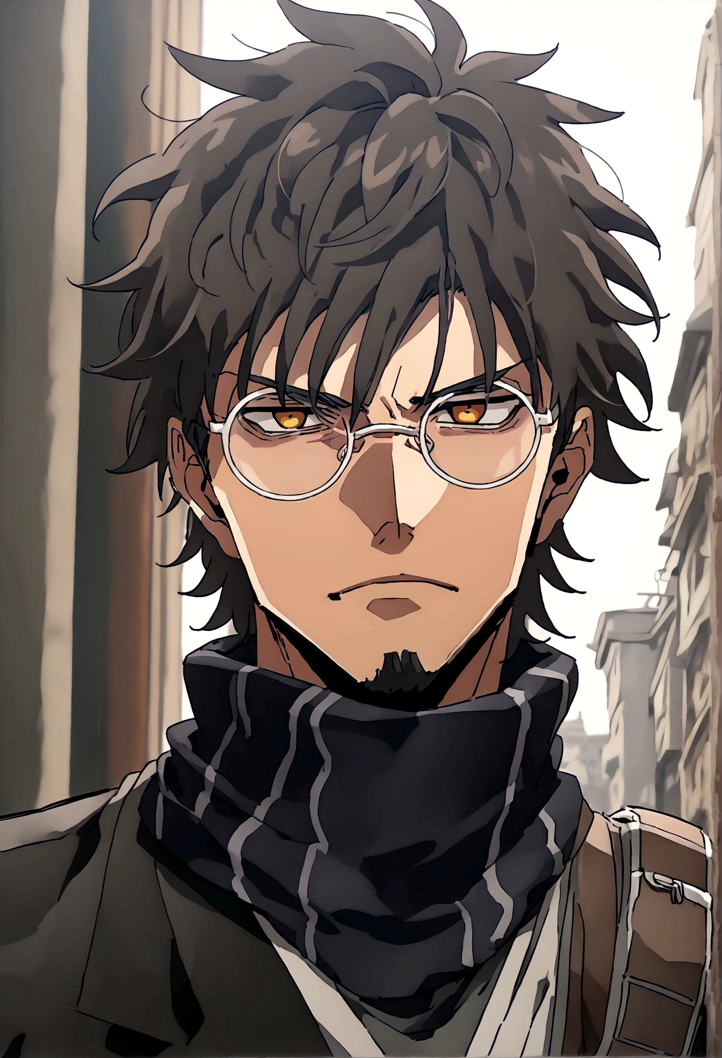 Anime man, shaved beard, serious face, black fluffy messy hair, black suit, cool, ((best quality)), black scarf, black waist straps, Fanny pack across shoulder, circle glasses