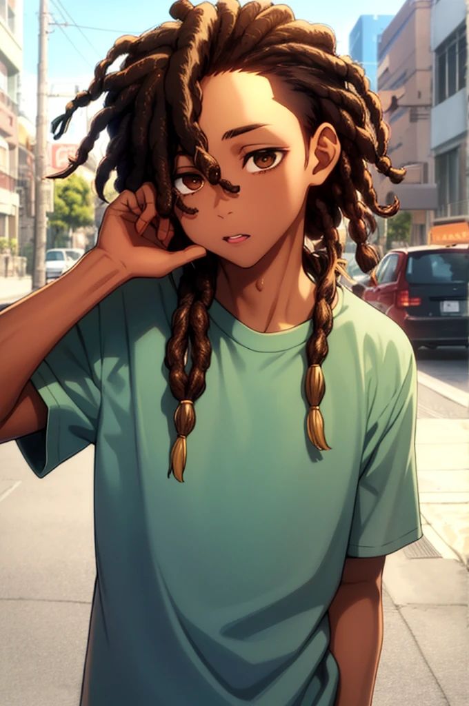 1boy, solo, blunt in hand, hawaiin shirt, brown skin color, messy look, black hair, ((dreadlock hairstyle)), brown eyes, masterpiece, best quality, high quality, upper body, male focus,