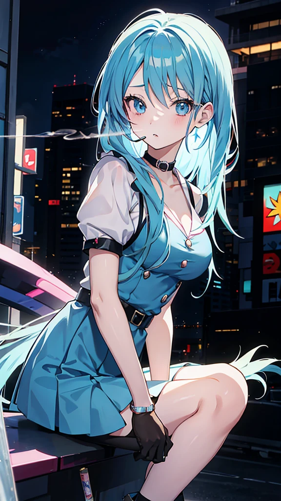 top-quality,in 8K,masterpiece,highly detailed,Impressionism,Photorealsitic,deep-shadows,blurry backround,Official art,ultra-detailliert,realisitic,Cinematic lighting,film grains,perfect anatomy,anatomically correct,depth of fields,elaborate design,cowboy shot,low angle,very sexy girl,((Hatsune Miku)),beautiful detailed droopy eyes,shy,blushing,slender body,tits,super detailed shiny skin,super detailed cute gothic punk dress,Half-naked,detailed gothic mini skirt,thighs,thighs,in futuristic big city,buildings,midnight city,moon light