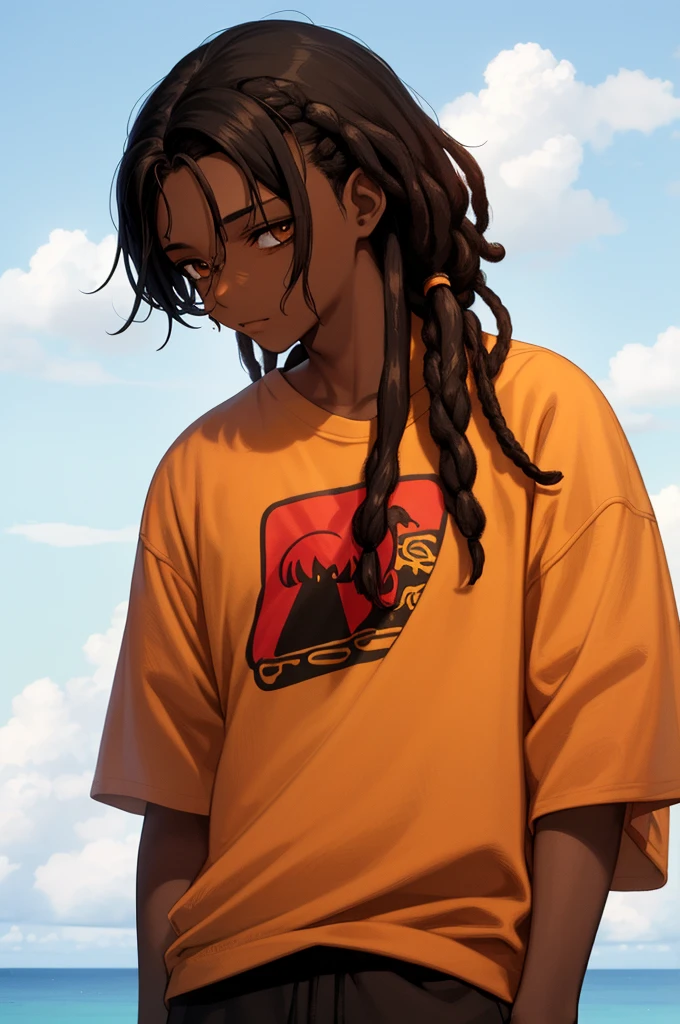 1boy, solo, blunt in hand, hawaiin shirt, brown skin color, messy look, black hair, ((dreadlock hairstyle)), brown eyes, masterpiece, best quality, high quality, upper body, male focus,