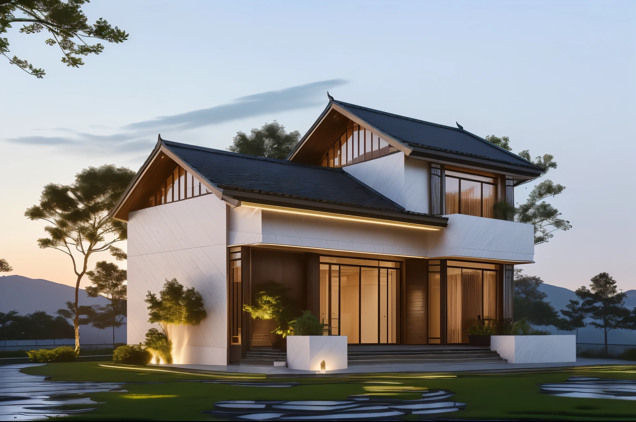 3D render of a beautiful house. The house is adorned with elegant lighting and plants to enhance its exterior appearance in a Vietnam city street, Behind are hills and mountains with clear blue sky. Aerial view of the tranquil garden with lush green grass, winding paths leading to an elegant koi pond surrounded by ornamental fish and tropical plants.  The house looks like a fairy tale, with a large porch to sit and drink tea with wooden panels and LED lights. The simple design features a white and dark grey color marble cladding scheme with big windows on the first floor and a small balcony above it with green plants. This space creates natural beauty that can be used as a serene spot to relax or enjoy nature. The main door is made of aluminum and glass reaching to the ceiling. Ground floor full glass door, The main door is made of art glass, the windows are large and the ceiling is made of glass. Looking into the house through the middle glass window is the living room, the left glass window is the kitchen, the right glass window is the bedroom, interior lighting rendering and lighting effects. It is an architectural rendering with a perspective view and daylight lighting. taken with professional photography techniques, using a wide angle lens with bright natural light and high resolution details, in the style of photorealistic architectural rendering, in the style of professional photograph, hyper realistic, highly detailed.