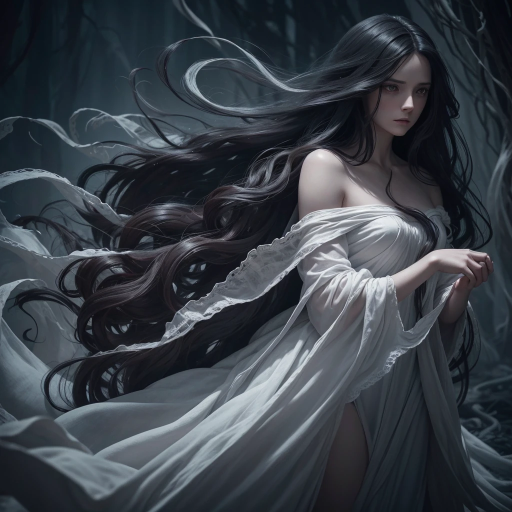 a girl with long dark hair flowing around her like ethereal tendrils, wearing a flowing white dress, the Cursed Maiden, dark and bewitched hair, haunting and beautiful, sorrow and curse, photorealistic, highly detailed, cinematic, dramatic lighting, muted color palette, gothic fantasy, digital art
