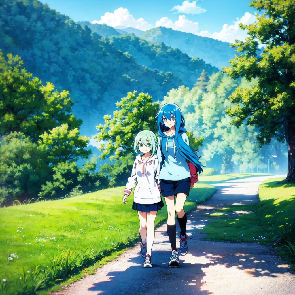 An anime girl with sky blue hair and soapy green eyes wearing a  walking and smiling[3a43477a48]