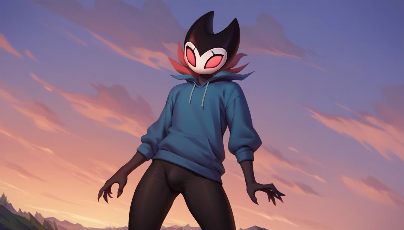 score_9, score_8_up, score_7_up, score_6_up, zPDXL2, grimm \(hollow knight\), vampire, bat, 1boy, solo, cute face, detailed eyes, anthro, landscape, highlight thighs, blue hooded sweatshirt, outdoor, In the woods, looking at the viewer, (black leggings),(portrait:1.2), (dynamic poses), cinematic angles