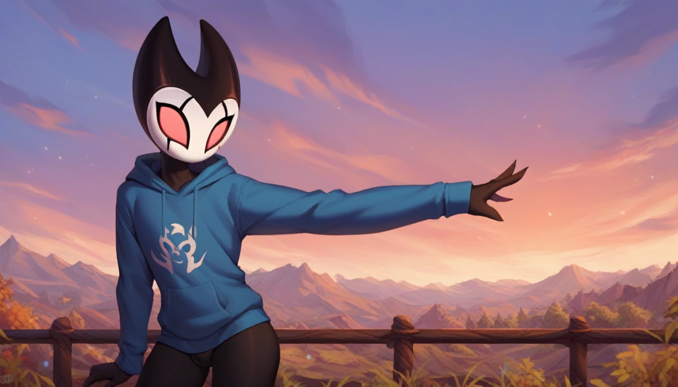 score_9, score_8_up, score_7_up, score_6_up, zPDXL2, grimm \(hollow knight\), vampire, bat, 1boy, solo, cute face, detailed eyes, anthro, landscape, highlight thighs, blue hooded sweatshirt, outdoor, In the woods, looking at the viewer, (black leggings),(portrait:1.2), (dynamic poses), cinematic angles 