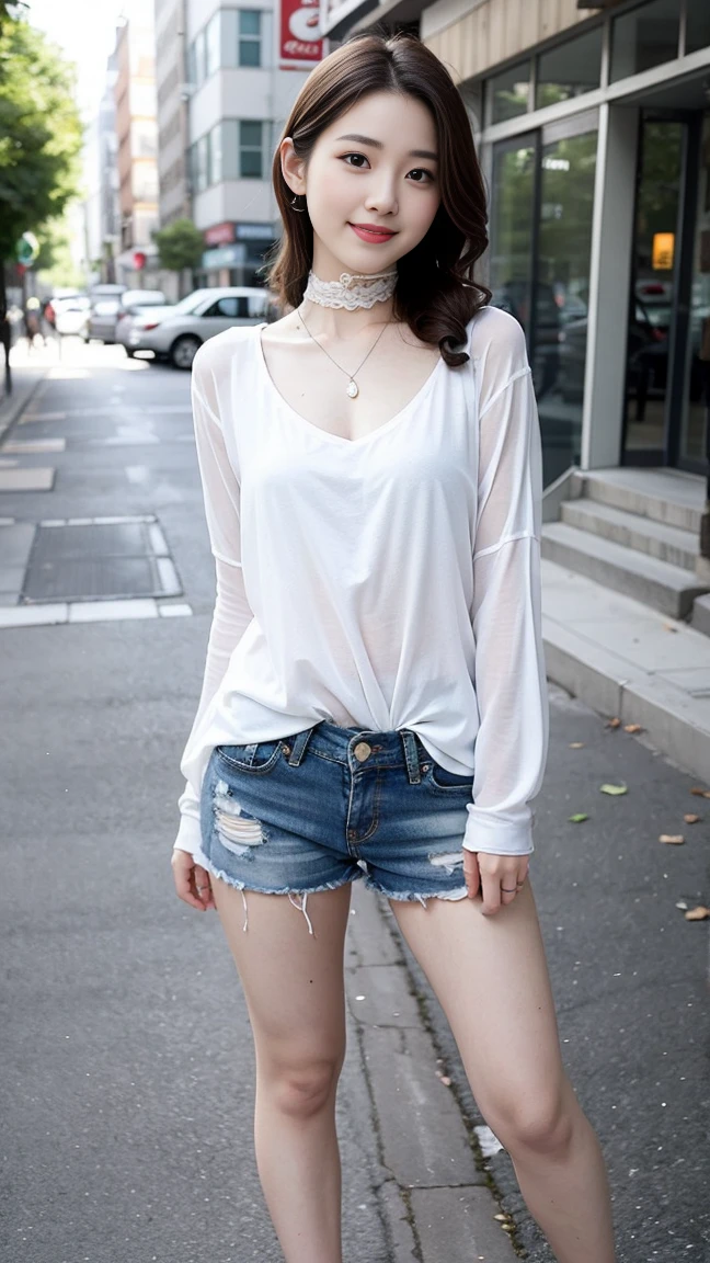  Wearing a white shirt， girl, （tight top：1.5），close your mouth and smile，legs long，Skinny super shorts，White skin of the，high high quality，4K, Face-to-face audience, 1 plump girl，hair tying up，at the street side，（Bring your legs together：1.5），with a round face， 32 inches in the chest, (sexy pose),(standing pose) ,(full body shot)、Chest 32 inches, ,Stand on the grass and take pictures