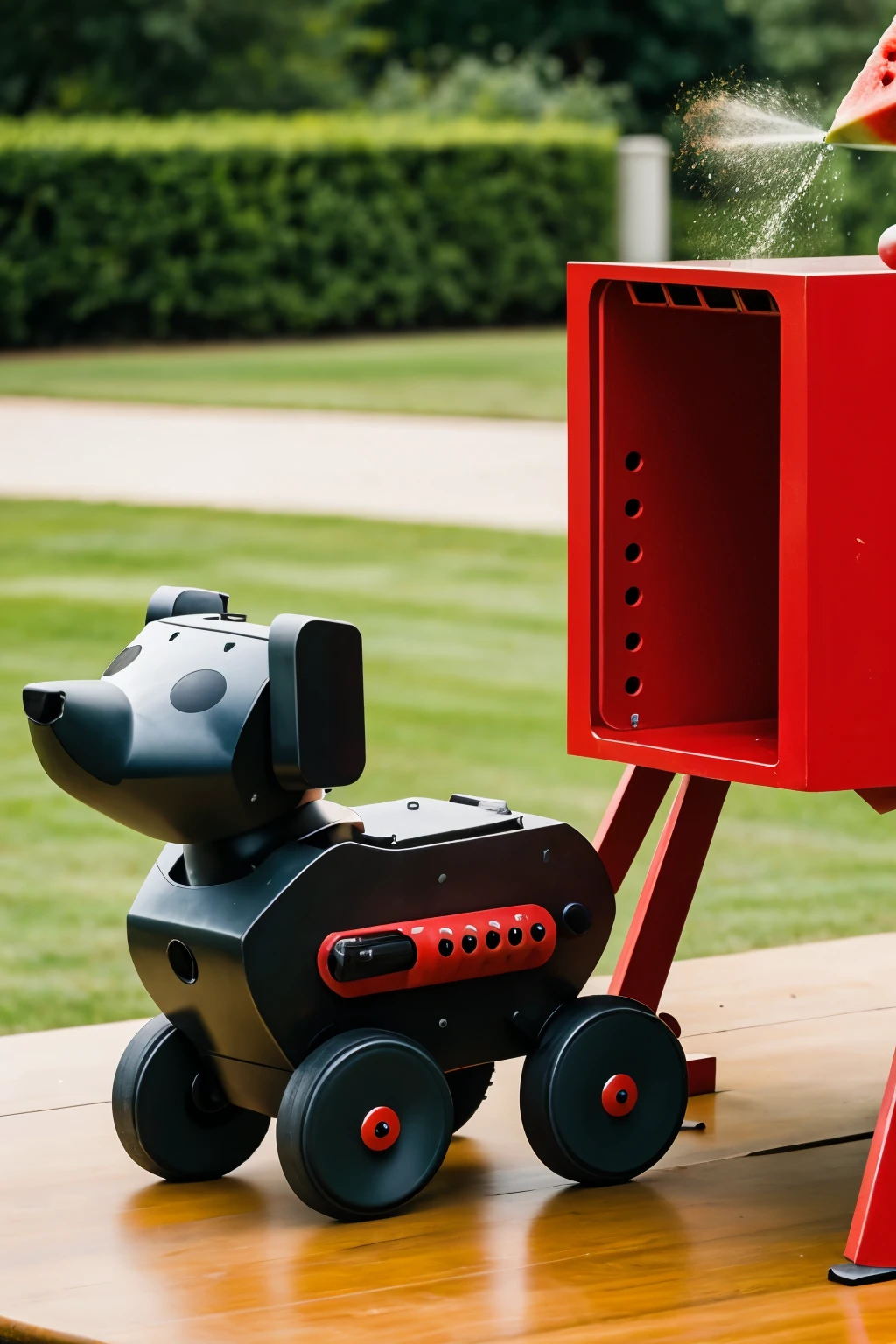 A kettle-shaped robot shoots watermelon-style bullets at a table-like dog from a machine gun made in the shape of a gaming chair!