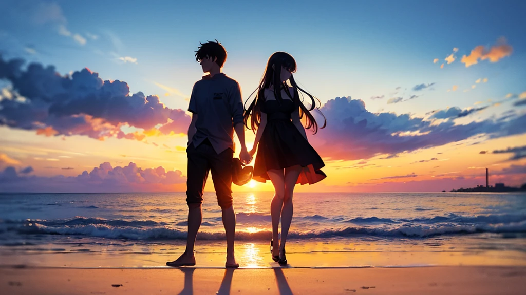 Full body silhouette of a young couple watching a big sunset on a pier. Detailed anime touch