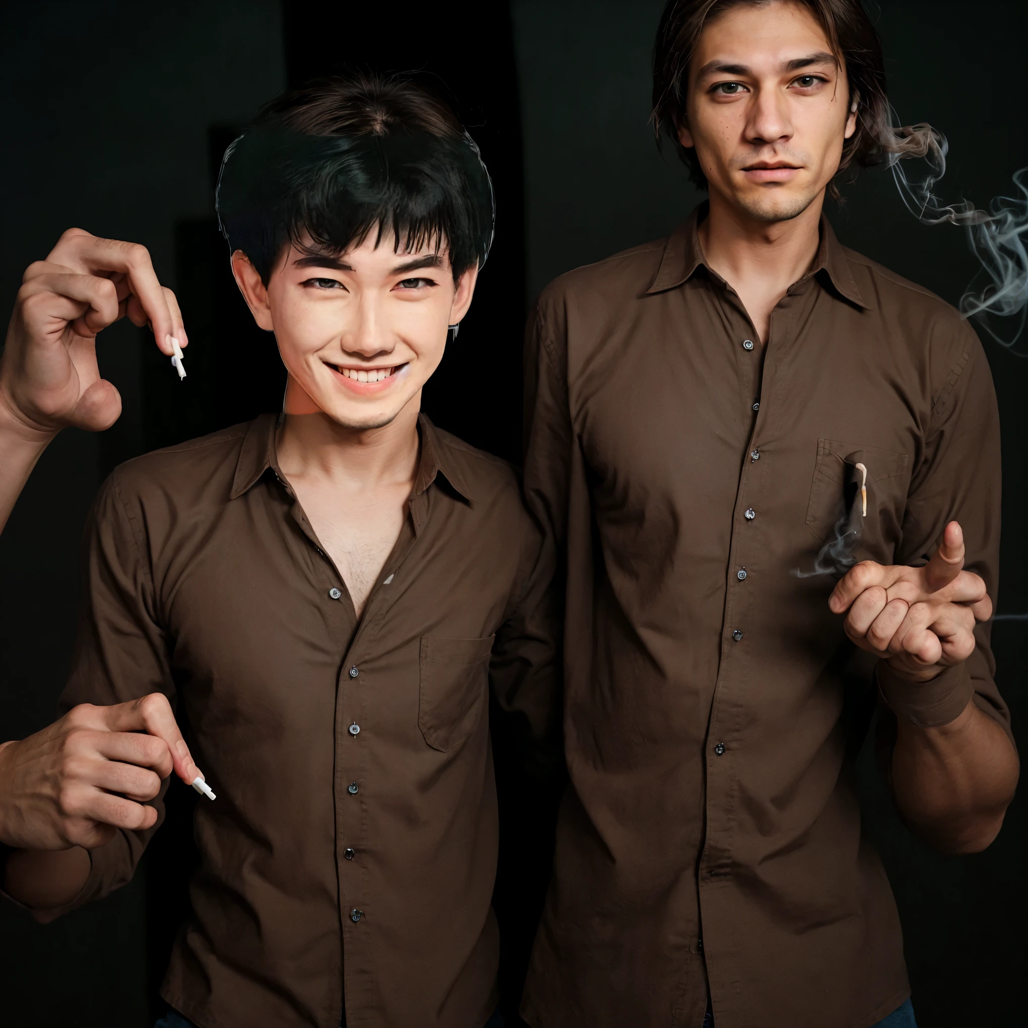 Westerner wearing ash-ish earth color shirt with right index and middle fingers smoking cigarette, cool brown eyes, sullen expression