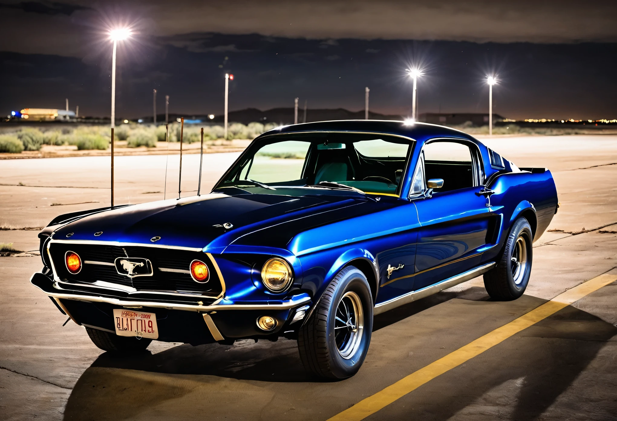 (masterpiece), (best quality), highres, no humans, cobalt blue 1968 ford mustang bullitt, abandoned airport, nighttime, cowboy shot, machine guns hidden in front bumper