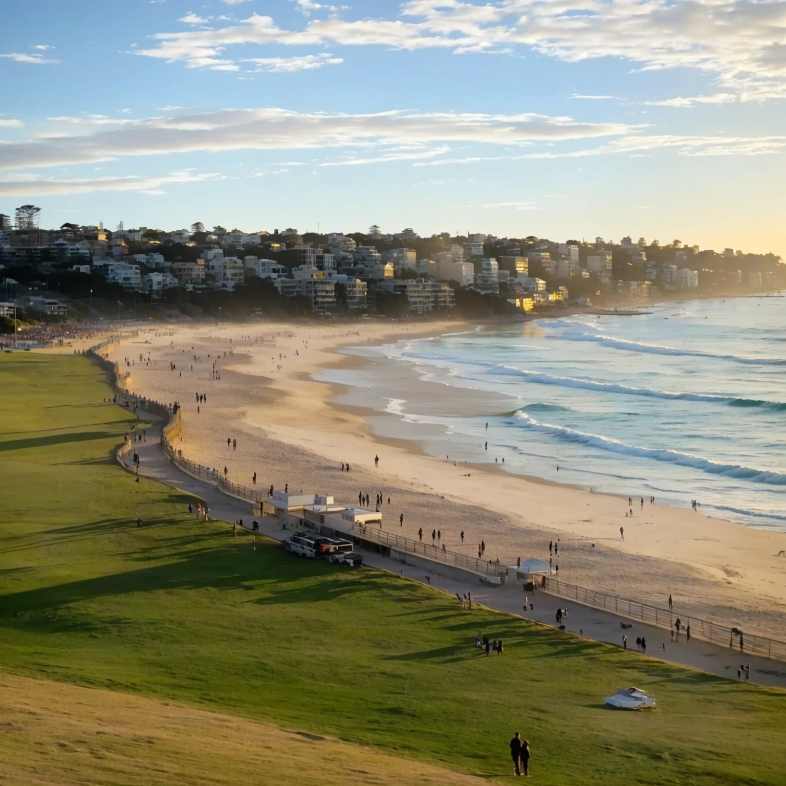 People walking on the beach near the water and grass, Bondi Beach in the background, beach in the foreground, Sydney, Masculinity, Australian beaches, Overlooking the beach, Afternoon Sunshine, 4 0 9 6, Australian Dollar, author:Tom Wänerstrand, author:Warren Mash, morning sun, Bright sunshine, author:Thomas Bains, Shooting during the golden hour, morning