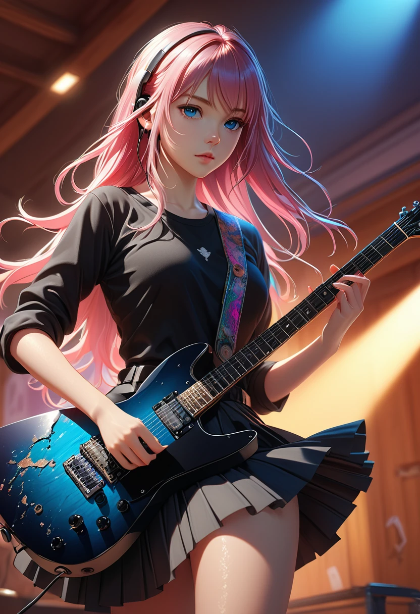 1girl, ((cinematic light)), colorful, super detail, dramatic light, intricate detail, best quality, (very detailed CG uniform 8k wallpaper, masterpiece, best quality, super detailed, best shadow), (detailed background: 1.4), (beautiful detailed face, beautiful detailed eyes), high contrast, (best illumination, extremely delicate beauty), (girl: 1.5), solo, black dress, blue eyes, electric guitar, guitar, headphones, holding, holding plectrum, musical instrument, long hair, music, side up, pink hair, playing guitar, pleated skirt, black shirt, interior ((corrosion)), dynamic angle, beautiful details glowing out, full body, denim lens,